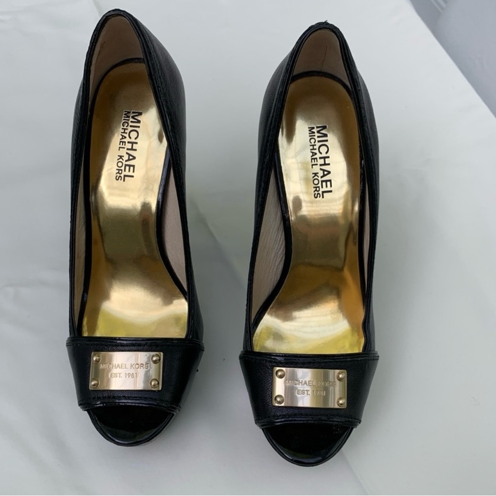 Michael Kors Black Peep Toe Heels with Gold Accents